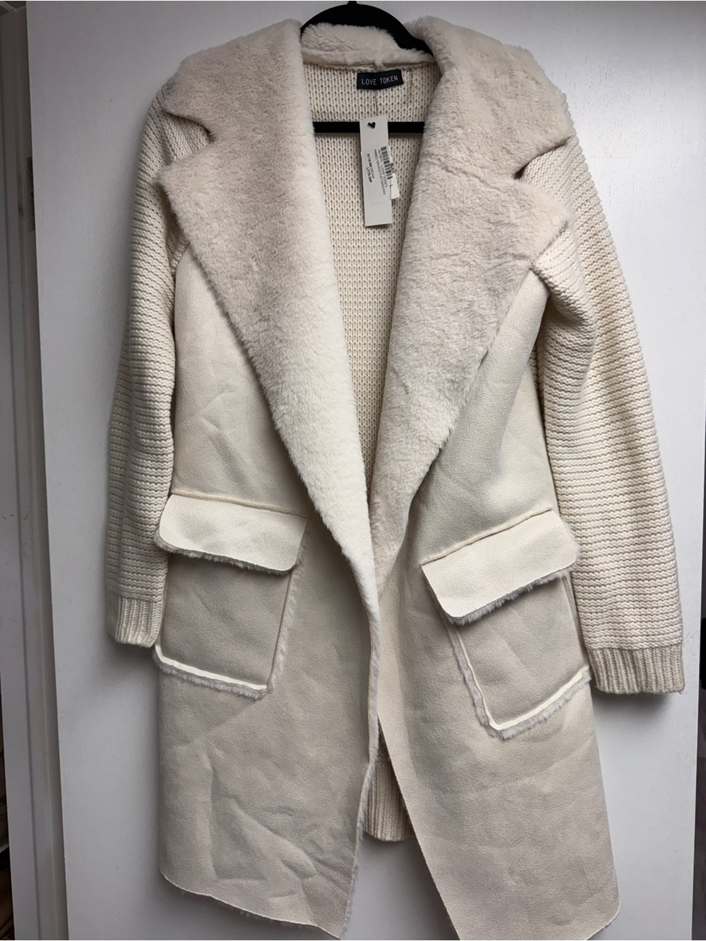 Love Token Ivory Cream Faux Fur Knit-Back Coat